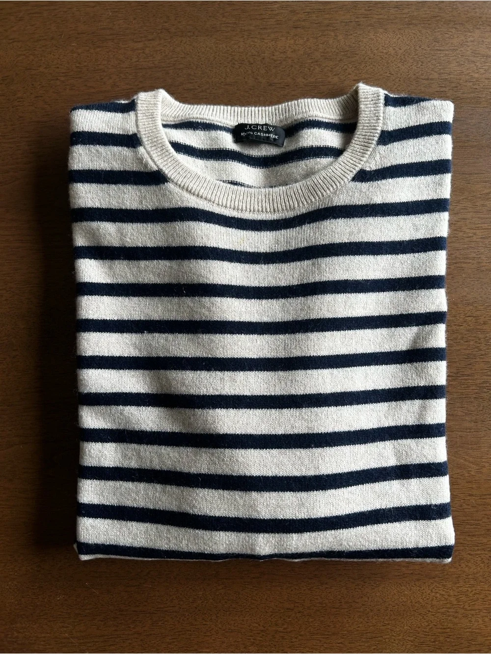 J. Crew Men’s Cashmere Cream & Navy Striped Crewneck Sweater